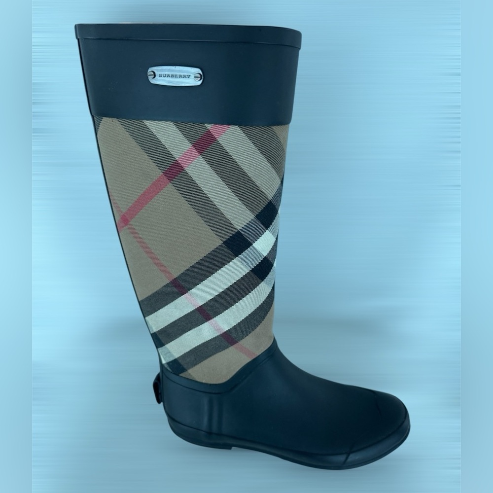 Burberry Black and Tan Check Tall Rain Boots